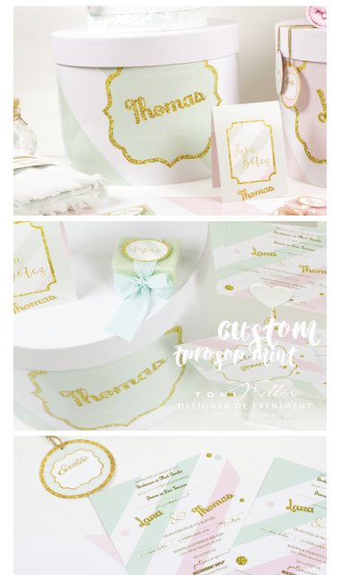Trusou de botez pentru gemeni sau unisex in roz si verde menta, Gold Mint & Pink  9